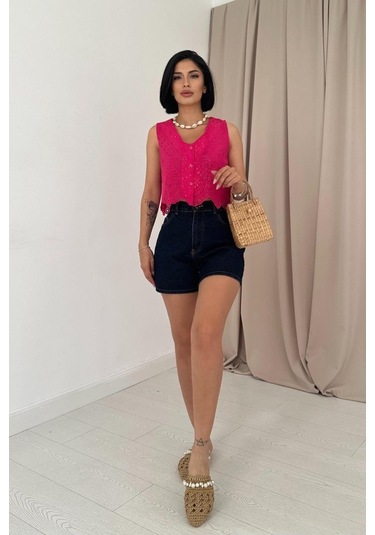 Reka Moda Fuşya Sıfır Kol Brode Bluz FUŞYA