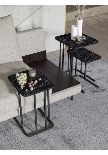 Zigon Sehpa Metal Ayak 3'lü Koltuk Yan Sehpa Zino Bendir Siyah