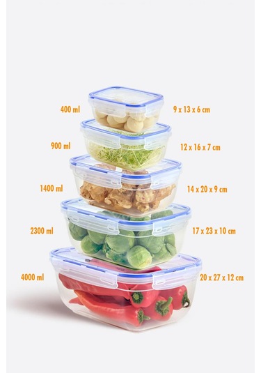 Dikdörtgen 10 Parça Contalı Vakumlu Sızdırmaz Hava Almaz Saklama Kabı Seti 2x 4000/2300/1400/900/400 Ml Şeffaf - Beyaz