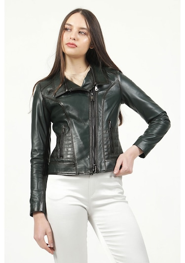 Dericlub Yb-2120 Gerçek Deri Kadın Mont Yeşil