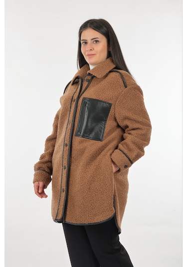 Ekol Düz Yaka Büyük Beden Cepli Camel Kadın Manto Camel