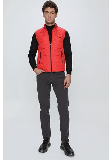 Açık Kırmızı Dik Yaka Kapitone Casual Şişme Yelek 1009225153-Açık Kırmızı