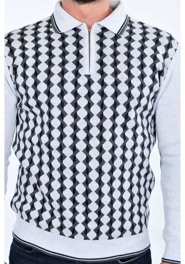 Kamalı Erkek Çelik Örgü Gömlek Yaka Fermuarlı Polo Yakalı Tüylenmez Triko Kışlık Baba Kazak Beyaz