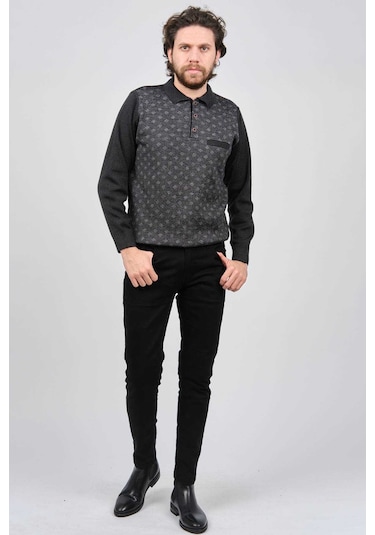 Çizgi Triko Erkek Cep Detaylı Polo Yaka Desenli Kazak 42544226 Melanj Lacivert Melanj Lacivert Lacivert Melanj