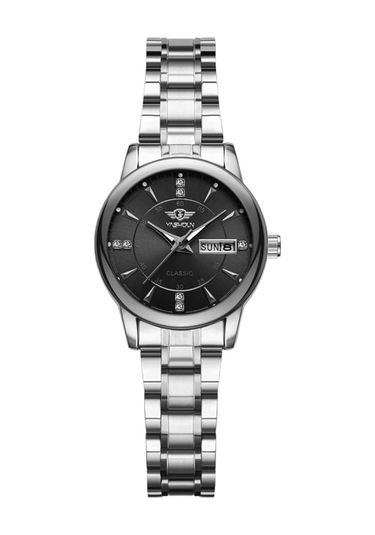 Yashıdun 5063 Çelik Kayış Şık Çift Kuvars İzle Aydınlık Takvim Bilek Saati - Siyah Kadran / Gümüş Kayış / Kadın