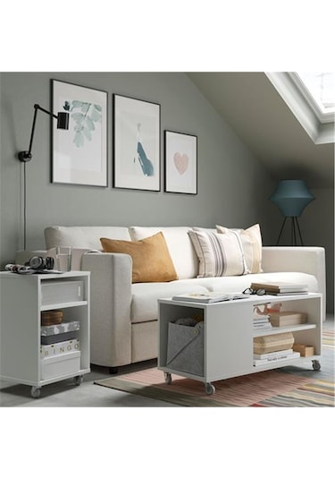 Vıhals Tekerlekli Beyaz Renk Orta Sehpa 91x37 Cm Depolama Alanlı
