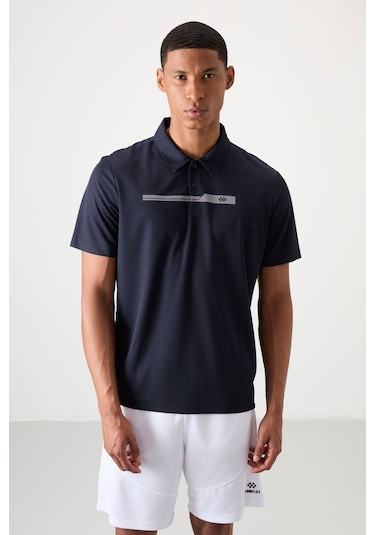 Lacivert Nefes Alan Dokulu İnce Esnek Standart Fit Polo Yaka Erkek Performans T-shirt - 88393 Lacivert