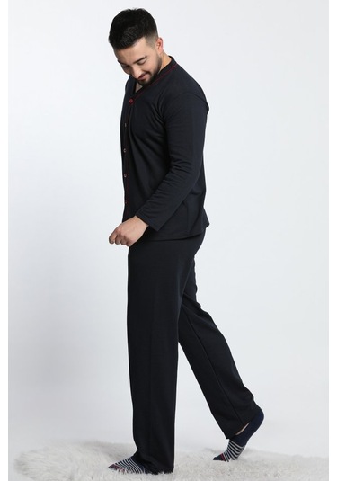 Lukitus Uzun Kollu Önden Düğmeli Erkek Pijama Takımı Lacivert Siyah