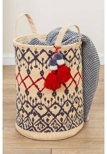 Kilim Yuvarlak Sepet, Saklama Kutusu, 37 X 30 Cm Desenli