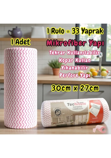 Technow Softtex 33 Yaprak Kopar Kullan Rulo Hassas Temizlik Bezi 27x30cm 2 Adet Pembe