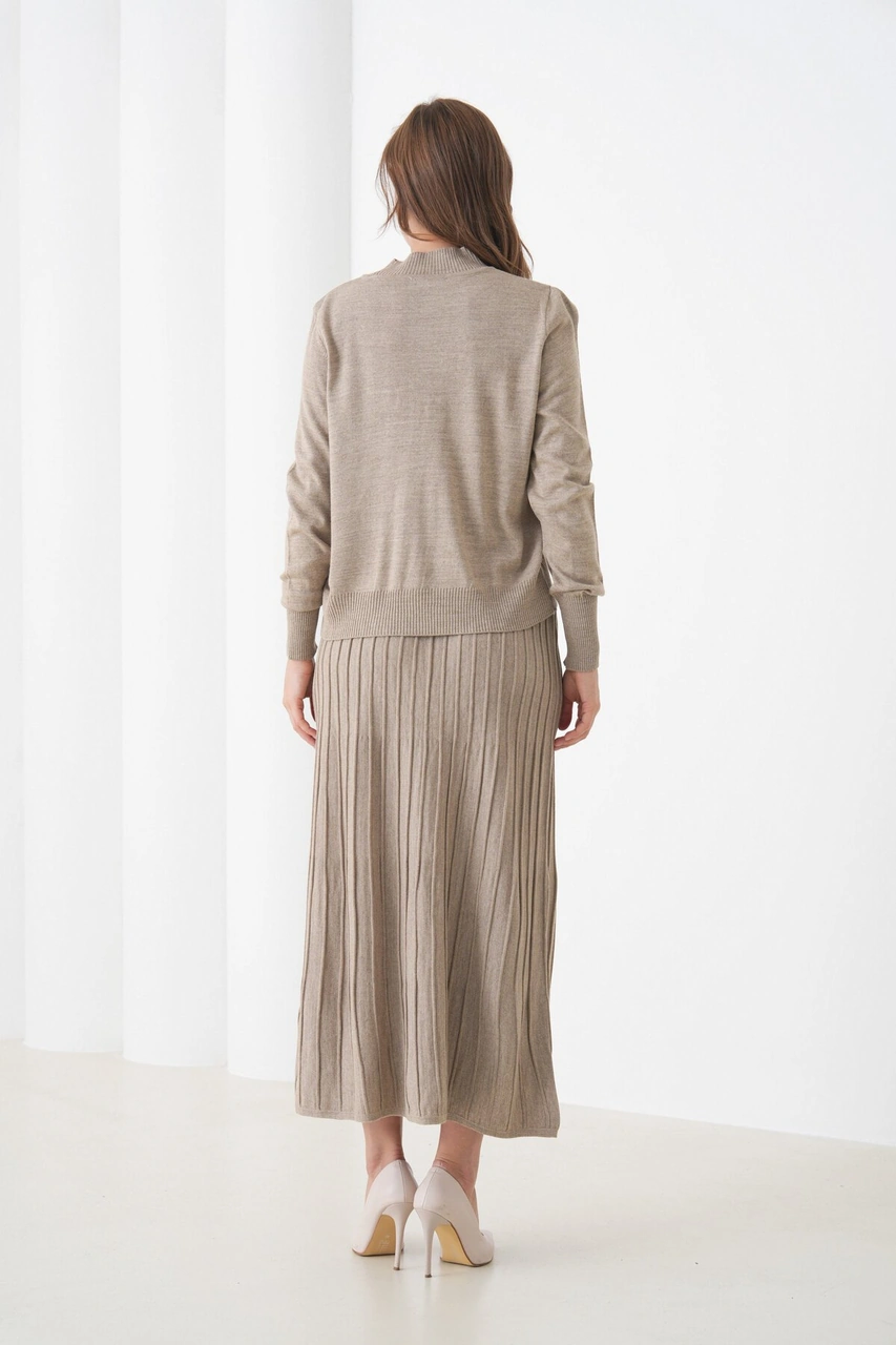 Kadın Pileli Etek Kazağı V Tasarım Tesettüre Uygun Örgü Triko Etek Kazak Takım Vizon