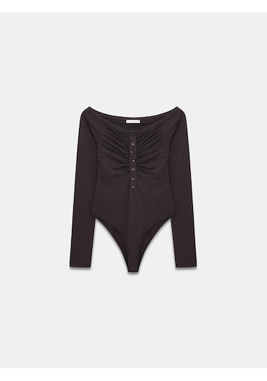 Dilvin 32661 Düğme Detaylı Bodysuit-koyu Kahve Koyu Kahve