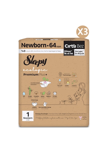 Sleepy Ecologic Premium Plus Avantajlı Paket Bebek Bezi 1 Numara Yenidoğan 192 Adet 3'lü