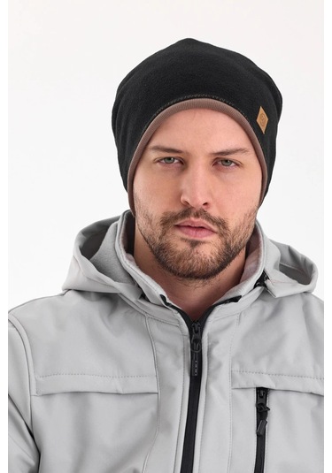 Erkek Siyah Polar Dış, Kahve Pamuklu Iç Kısım, Çift Renk Çift Katmanlı Katlanabilir Yumuşak Bere - Standart / Siyah-kahverengi Siyah-kahverengi