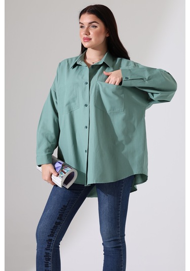 Yeni Sezon Poplin Kumaş Çift Cepli Oversize Pamuklu Kadın Tunik Gömlek Yeşil