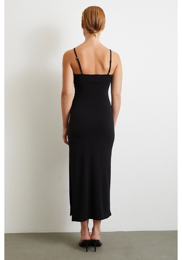 Yanı Büzgülü Askılı Elbise Yırtmaçlı Siyah Siyah