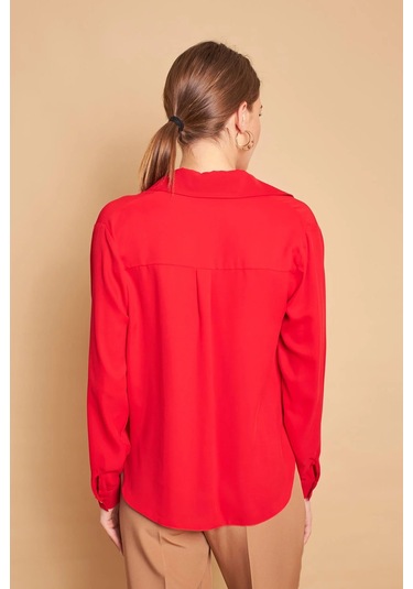 Yakalı Önü Pileli Uzun Kol Likrasız Şık Kumaş Gömlek-kırmızı Kırmızı