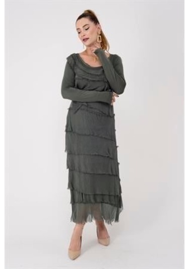 Italyan 2 Beden İnce Gösteren Kat Kat Uzun Kol Taşlanmış İpek Elbise Koyu Haki