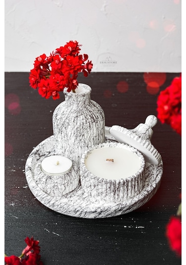 5 Parça Mermer Desen Dekoratif Beton Vazo Ve Vanilya Kokulu Soya 001