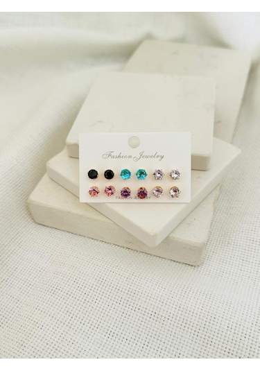 Demokan Kadın İthal Zirkon 12'li Yuvarlak Kararmaz Küpe 001