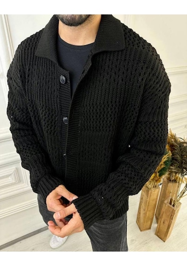 Elku Moda Hırka Oversize Özel Örgülü Triko Desenli Salaş Örgü Hırka Siyah