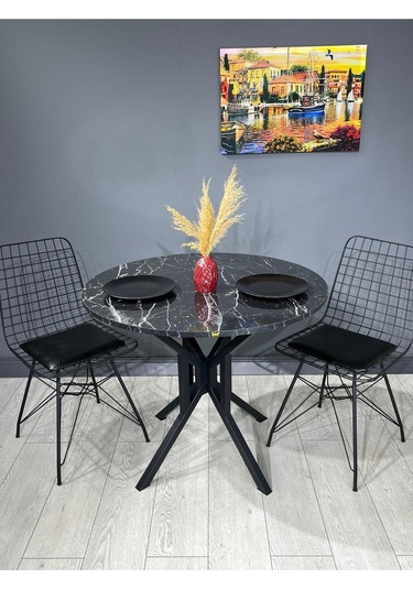 Selin Siyah Mermer Yuvarlak Mutfak Masası Yemek Masası Balkon Masası Metal Siyah Ayak 90 Cm