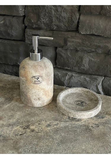 Yeni Silver Traverten Doğal Taş Tepsili Sıvı Sabunluk Seti Beyaz