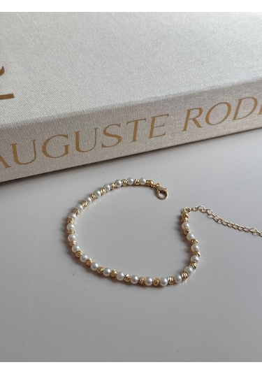 İnci Ve Altın Renk Boncuklu Kadın Halhal Ayarlanabilir Zarif Yazlık Aksesuar Altın