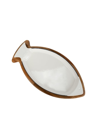 Lava Döküm Balık Tabağı Döküm Demir Yekpare Kulplu Kayın Servis Ahşabı Ölçü 20x32 Cm Sable Mavi