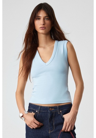 GRIMELANGE Lescosa Kadın Slim V Yaka Kolsuz Mavi T-shirt Mavi