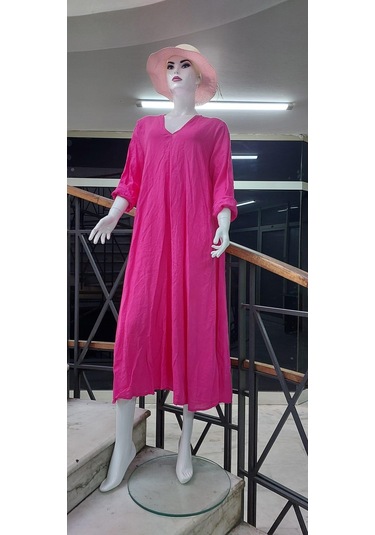 İtalyan V Yaka Uzun Kol Keten Elbise-8907 Pembe