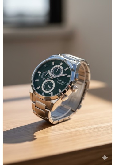 Ferrucci Erkek Kol Saati Gümüş Renk, Yeşil Kadran - Fcf03445m.05, 2 Yıl Garantili Gümüş