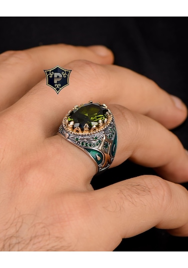 925 Ayar Gümüş Erkek Yüzüğü Peridot Taşlı Zirkon Taş Süslemeli