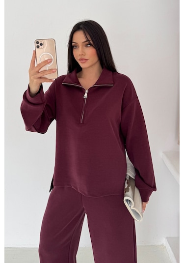 Balenbi Premium Modal Kumaş Fermuarlı Yaka Kadın Takım 1153 Bordo
