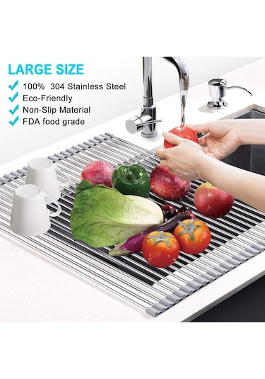 Dianziye Çift Fonksiyonlu Çelik + Silikon Yıkama Tepsisi: Katlanabilir Sulama Rakusu, Isı Dayanıklı, Çok Amaçlı Mutfak Gereci 37x33cm Gri
