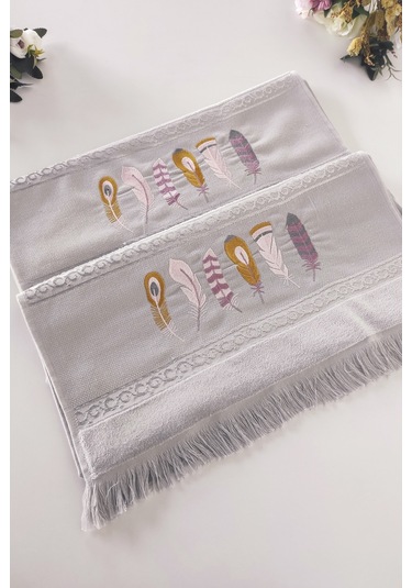 2'li Nakışlı Kadife El Havlusu -jakarlı Tüy İşlemeli Yüz Havlusu - %100 Pamuk Grı Gri