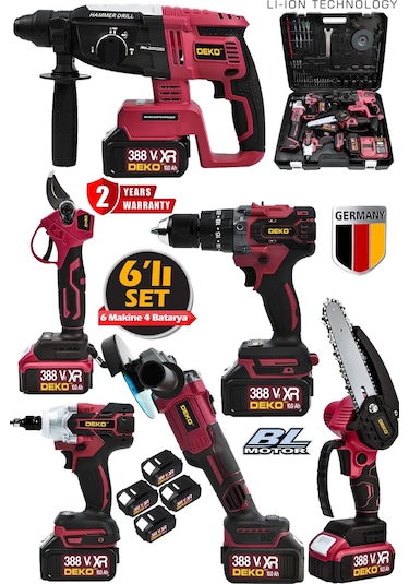 Deko Turkey DK6SET 4 Akülü 6'lı Muhteşem Kırıcı Delici + Darbeli Matkap + Taşlama + Somun Sıkma Budama Set