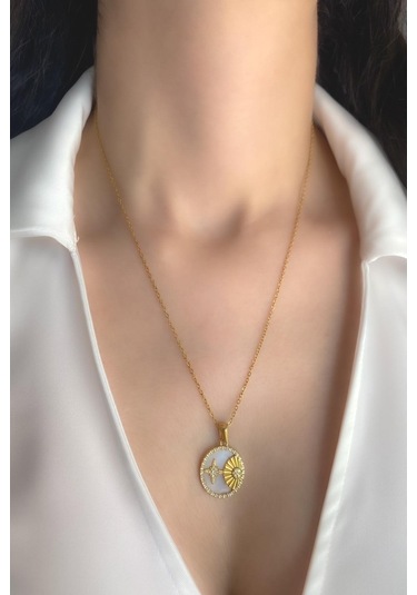 Kadın Çelik Kolye Sedef Mineli Kutup Yıldızlı Kolye Altın