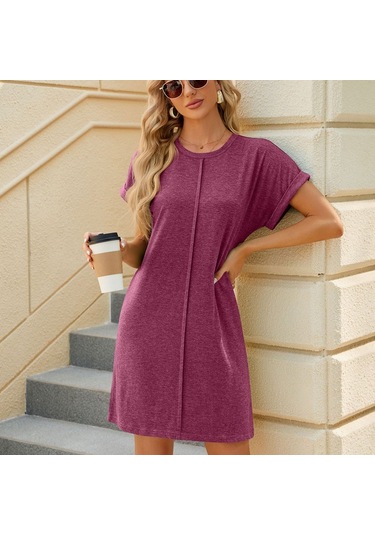 Sones Kadın Organik Pamuk Kısa Kollu Midi Elbise Rahat Bol Kesim Saf Renk İlkbahar Yaz Elbisesi Şarap Kırmızısı