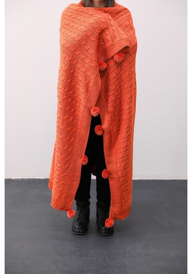 Biocotton Triko Ponponlu Örgü Tv Battaniyesi - Turuncu