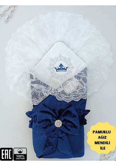 Kadife Kız Bebek Battaniyesi Dantelli Kundak Hastane Çıkışı Yenidoğan %100 Doğal Pamuktan Hediyelik Lacivert