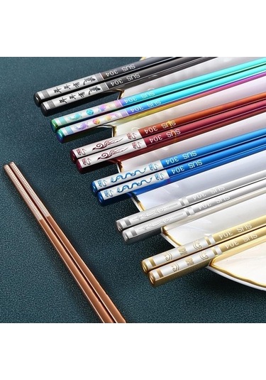 Agoodshop Mavi Paslanmaz Titanyum Altın Kare Yemek Çubukları Ev Otel Seti Hediye Kutusu Mavi Mavi