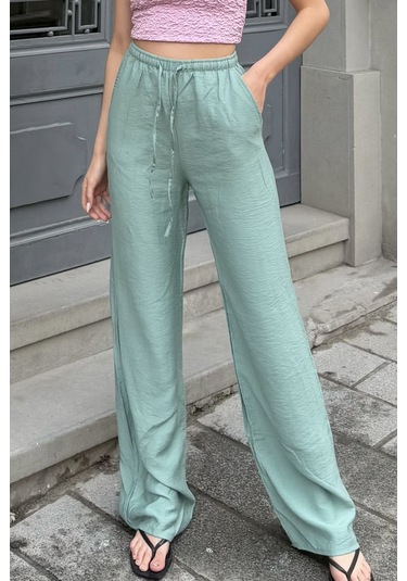 Pembe Keten Karışımlı Bol Kesim Pantolon Nil Yeşili