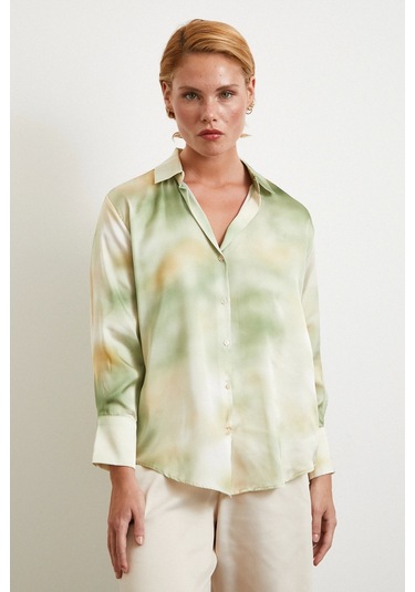 Ebruli Desen Saten Gömlek Yeşil Yeşil