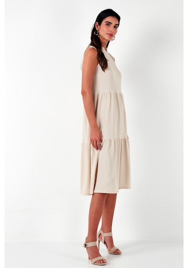 Lela Regular Fit Kolsuz Midi Bayan Elbise 5869008 Taş