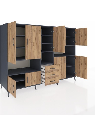 Kronos Dolap 13 Raflı 3 Çekmeceli 9 Kapaklı 220x59x163 Antrasit-ç Antrasit-çam