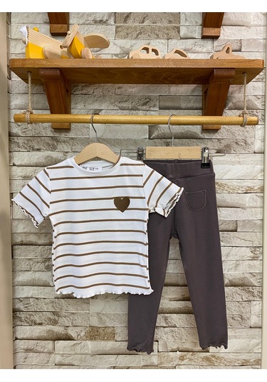 Aysbebe Kalp Nakışlı Çizgili Tişört + Tayt Buzi Kumaş Takım Kahverengi