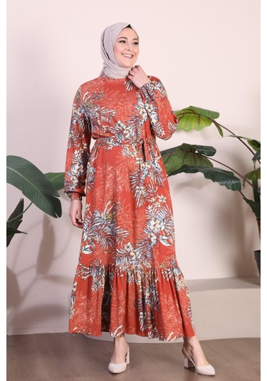 Kadin Büyük Beden Elbise Palmiye Desenli Viskon Elbise 001