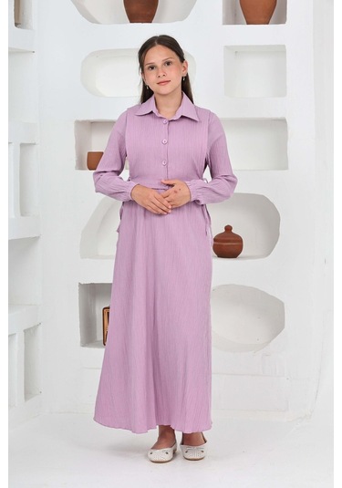 Kız Çocuk Uzun Boy Gofre Kumaş Jile & Elbise İki Parça Takım Astarlı Zarif Set-4948 Lila