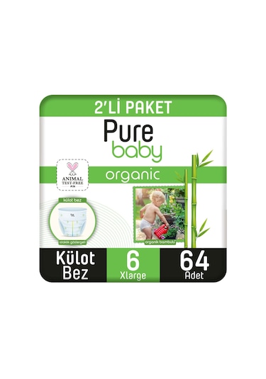 Pure Baby Organik Bambu Özlü Külot Bez 2'li Paket 6 Numara Xlarge 64 Adet 2'li